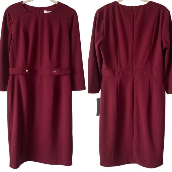 NEW LONDON TIMES Jewel Neck Three Quarter Sleeve Sheath Dress Wine Red Size 10 - Picture 1 of 6